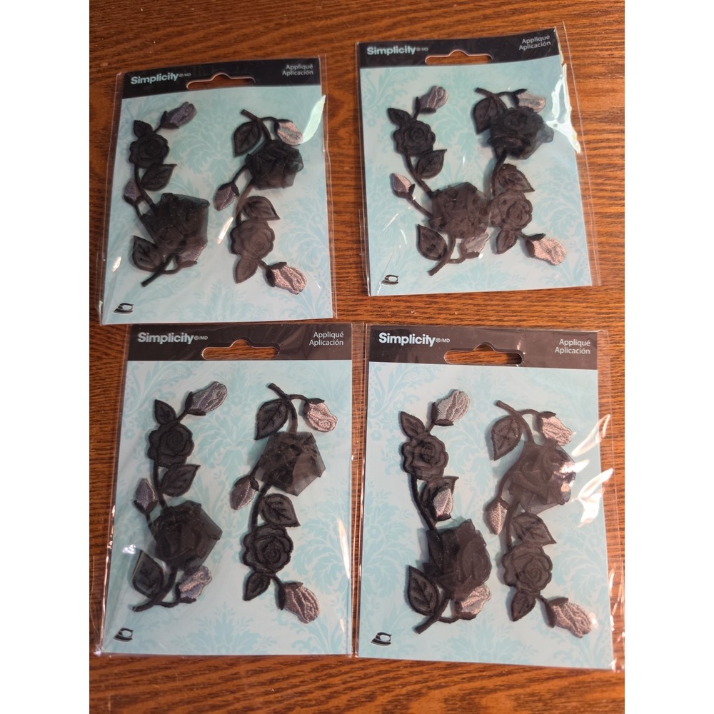 Simplicity Embroidered 3D Applique Black Floral Lace  Lot Of 4
